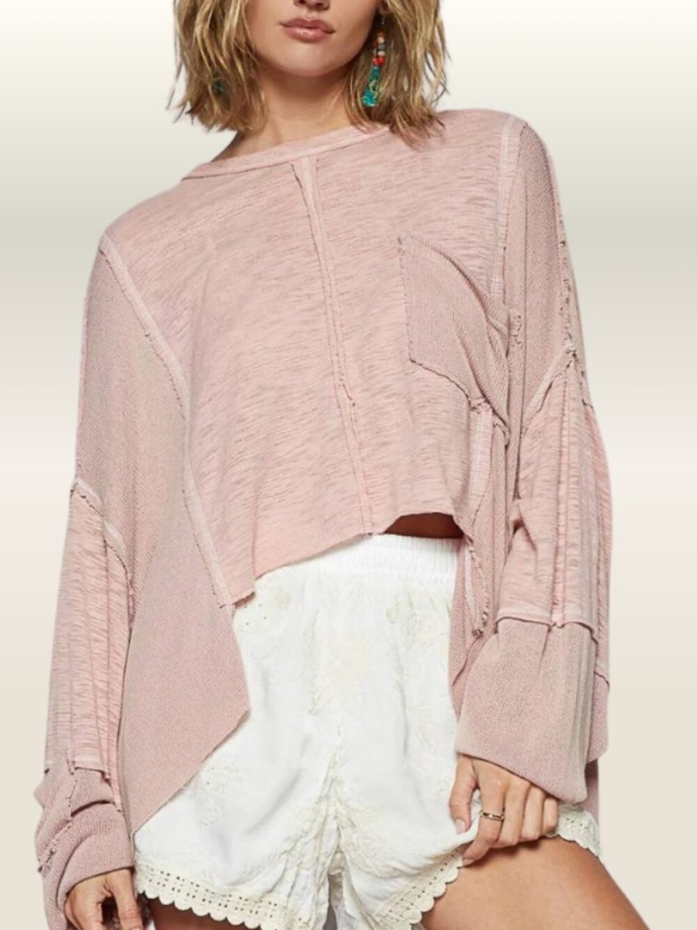 POL Picking Tulips Pink Mauve Oversized Crop Knit Top L Raw Hem Boho Puff Sleeve